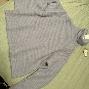 Purple Cowl Neck Sweater with Ribbed Knit